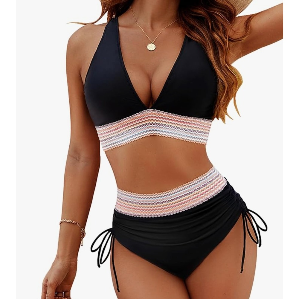 Blooming Jelly‎ Black High Waisted Bikini Set Multi Color Trim Lace Up Sides L